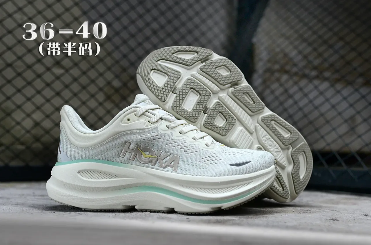 Hoka White Green Engineered Knit Upper Oversized Cushioned Midsole Running Shoes 7