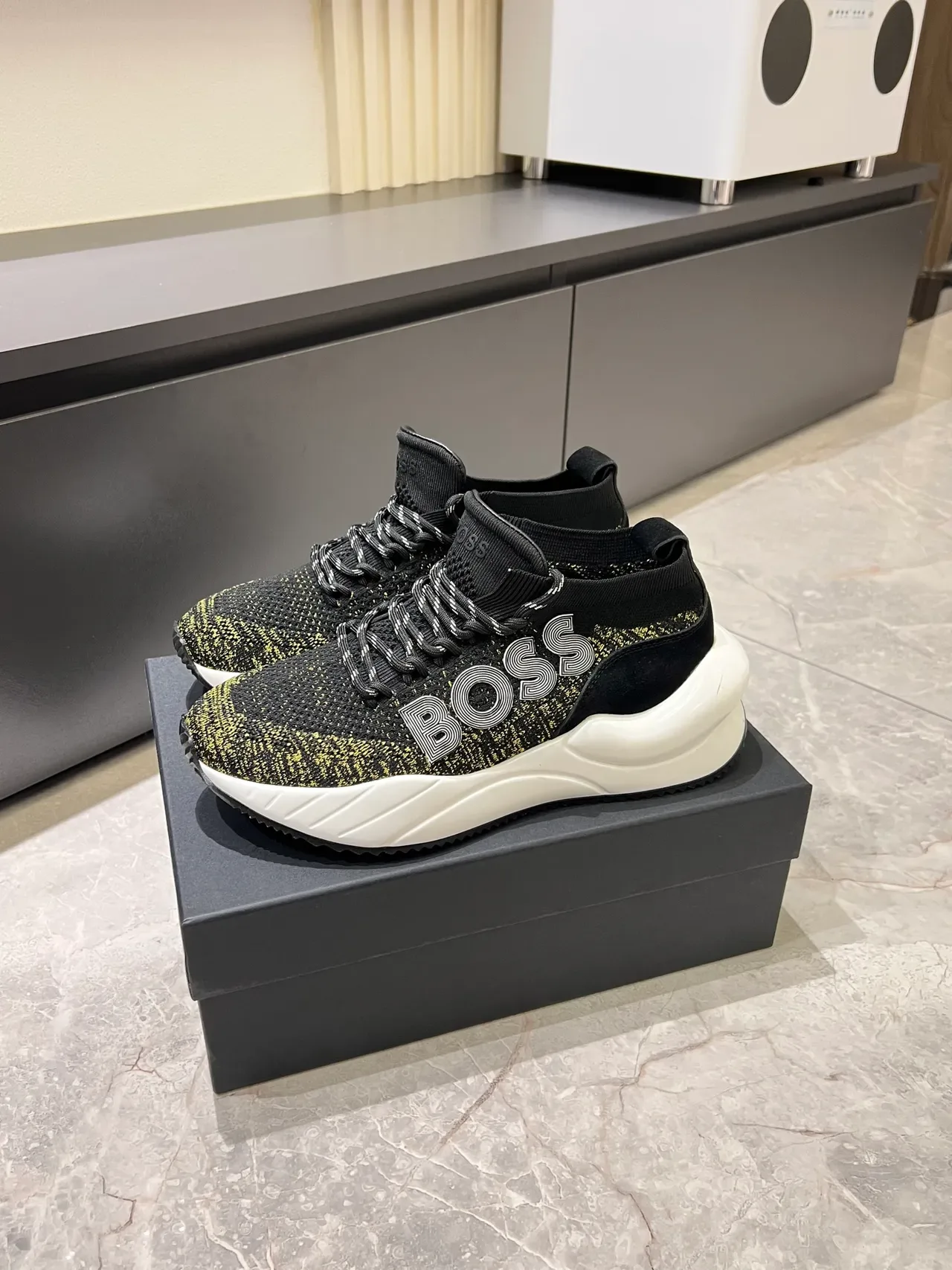 Hugo Boss Black White Knit Upper Gold-Flecked Chunky Sneakers 4