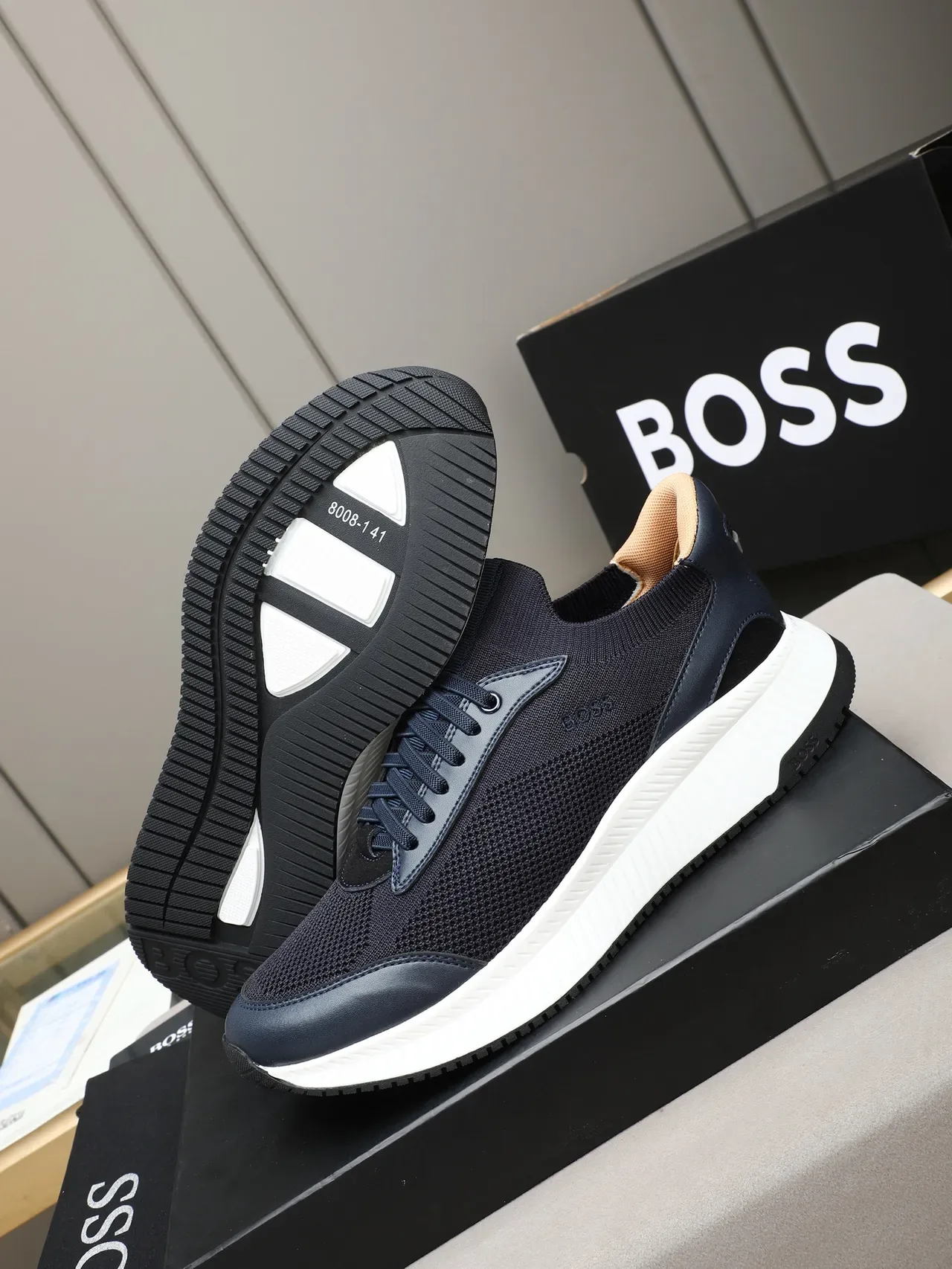 Hugo Boss Tênis lifestyle cor navy white, upper knit-and-synthetic, gola sock-fit 4