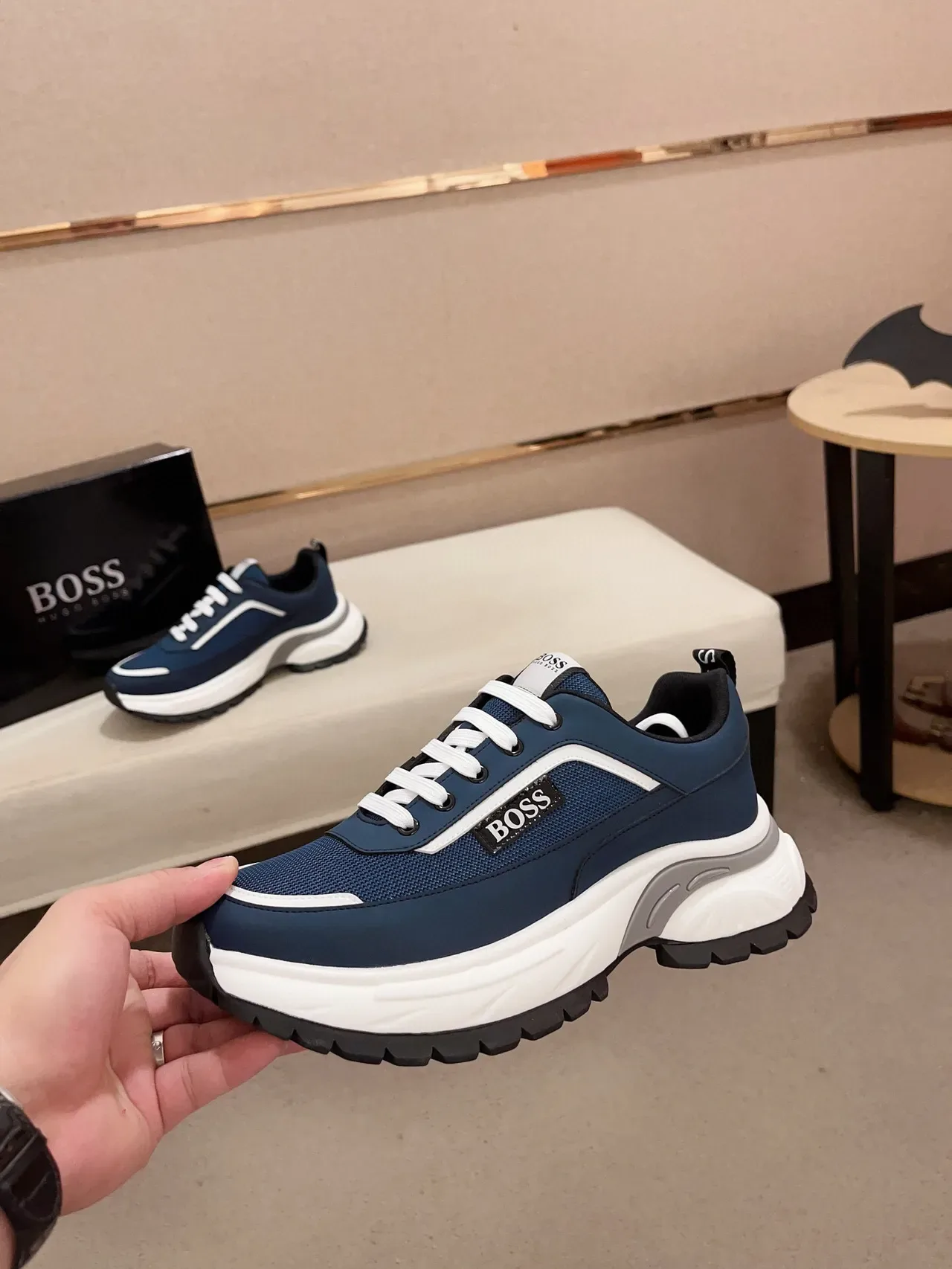 Hugo Boss Navy White Sole Mesh And Synthetic Upper Chunky Sneakers 4