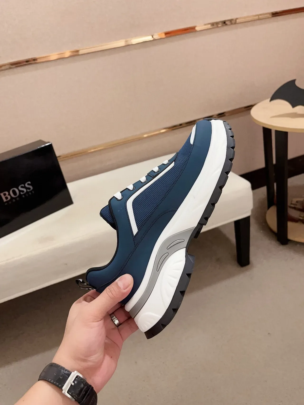 Hugo Boss Navy White Sole Mesh And Synthetic Upper Chunky Sneakers 5
