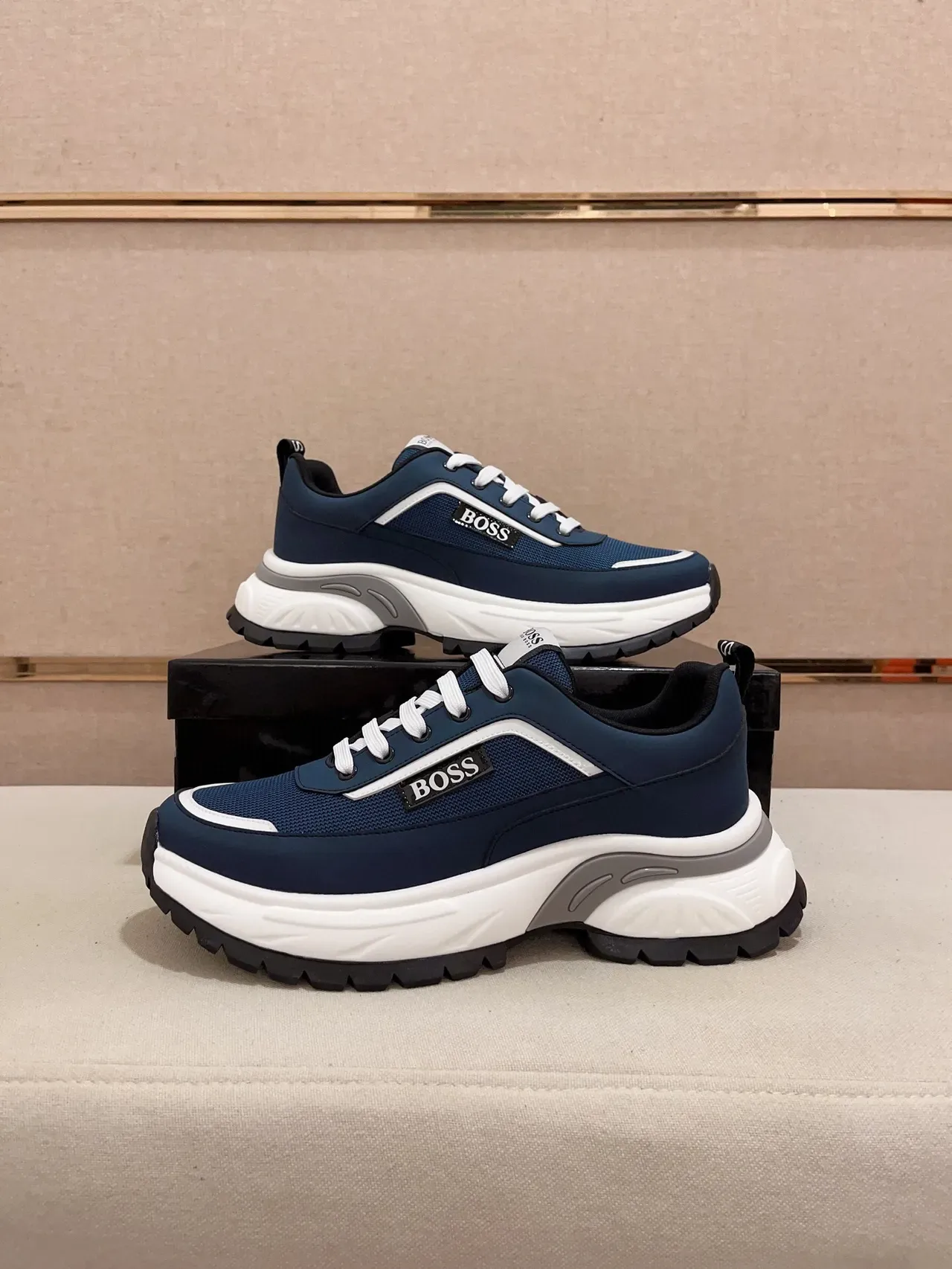 Hugo Boss Navy White Sole Mesh And Synthetic Upper Chunky Sneakers 8