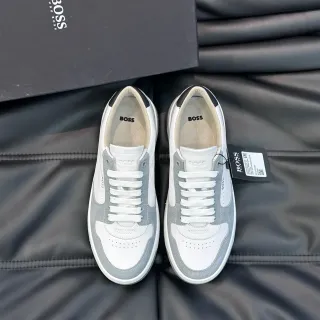 Hugo Boss White Gray Low-Top Mixed-Material Lifestyle Sneakers