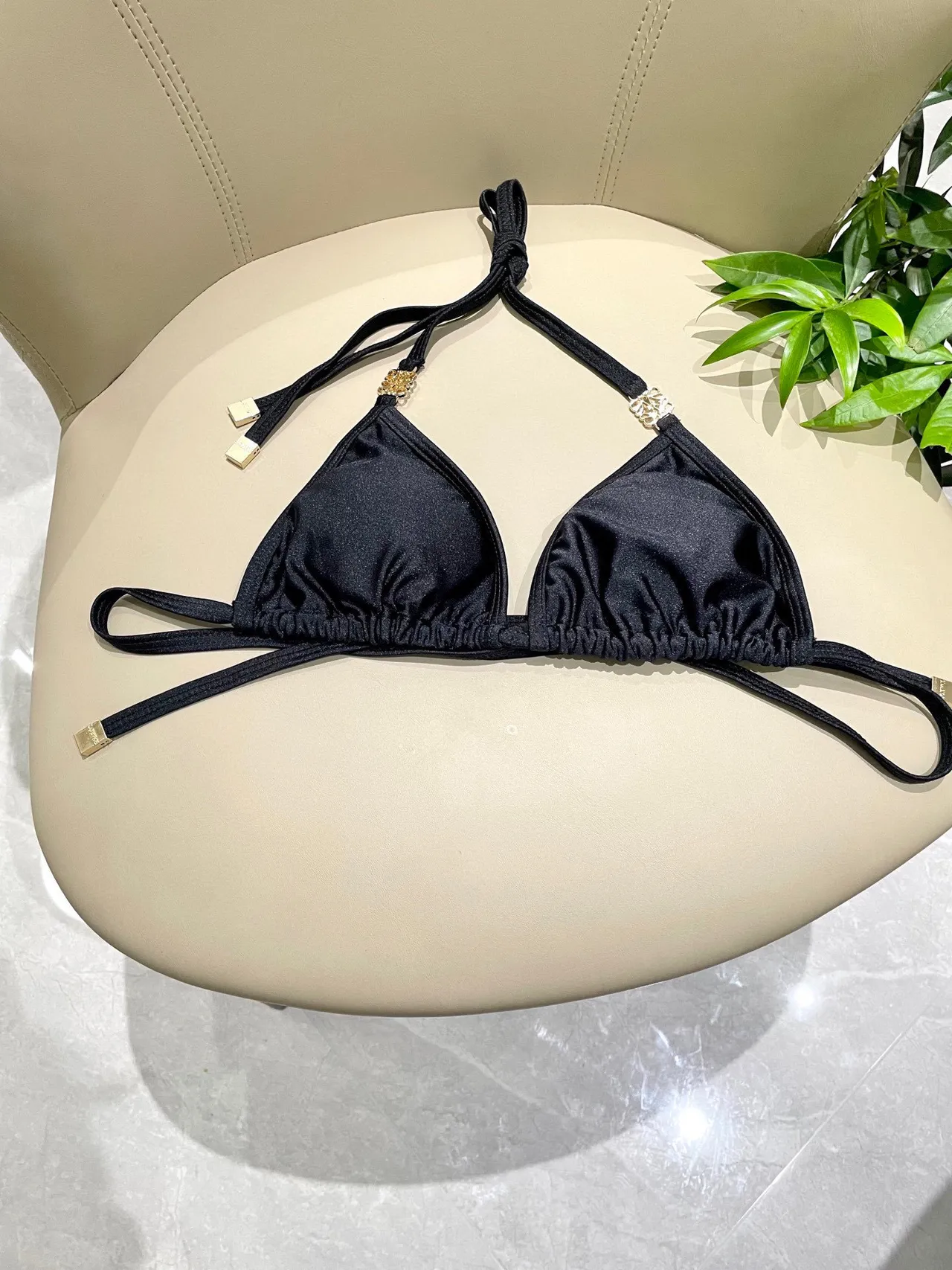 Loewe Anagram Black Gold Halter Neck Tie-Back Swimwear 4