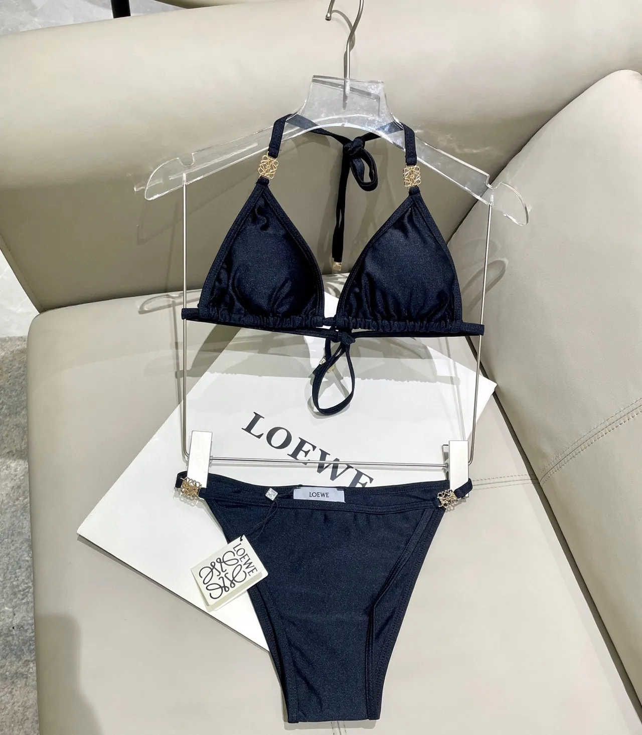 Loewe Anagram Black Gold Halter Neck Tie-Back Swimwear 7