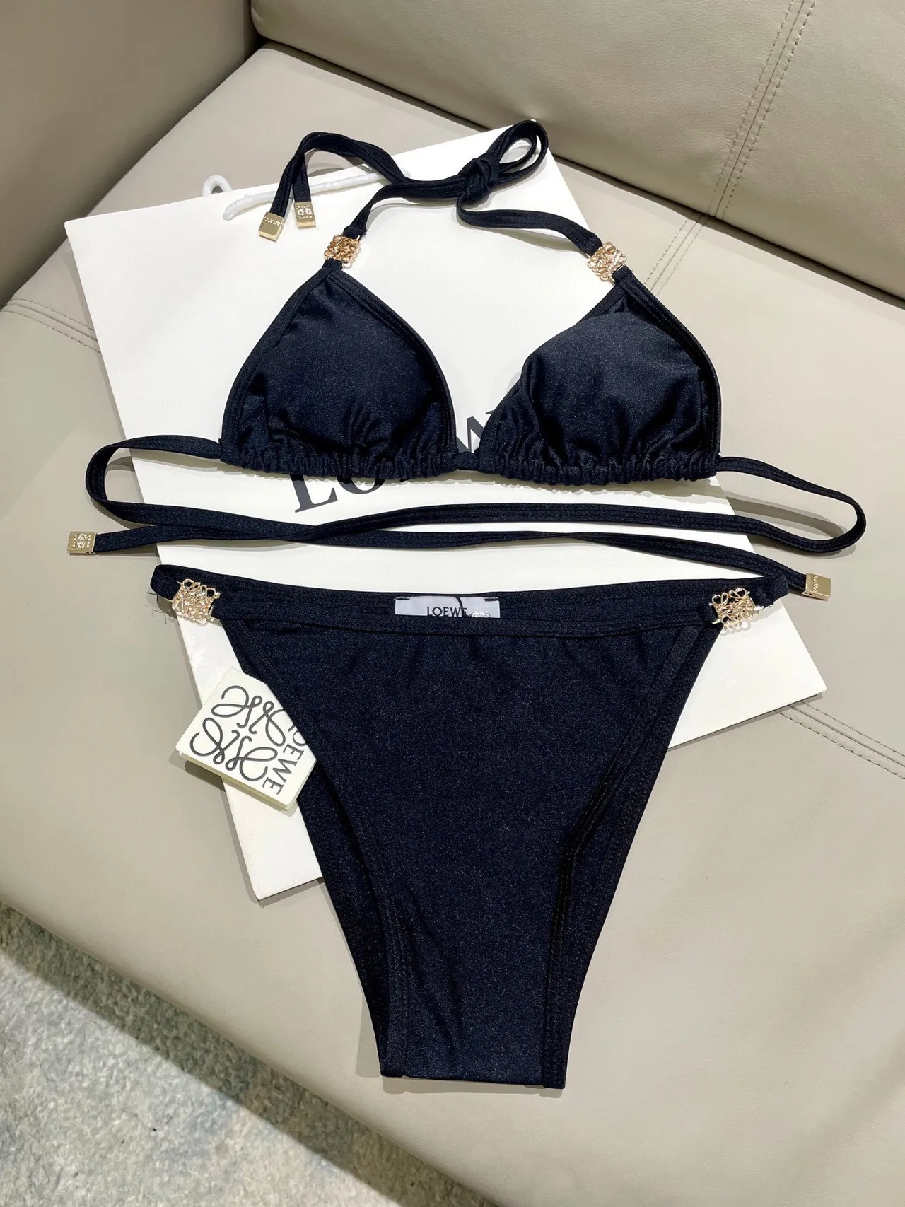 Loewe Anagram Black Gold Halter Neck Tie-Back Swimwear 10