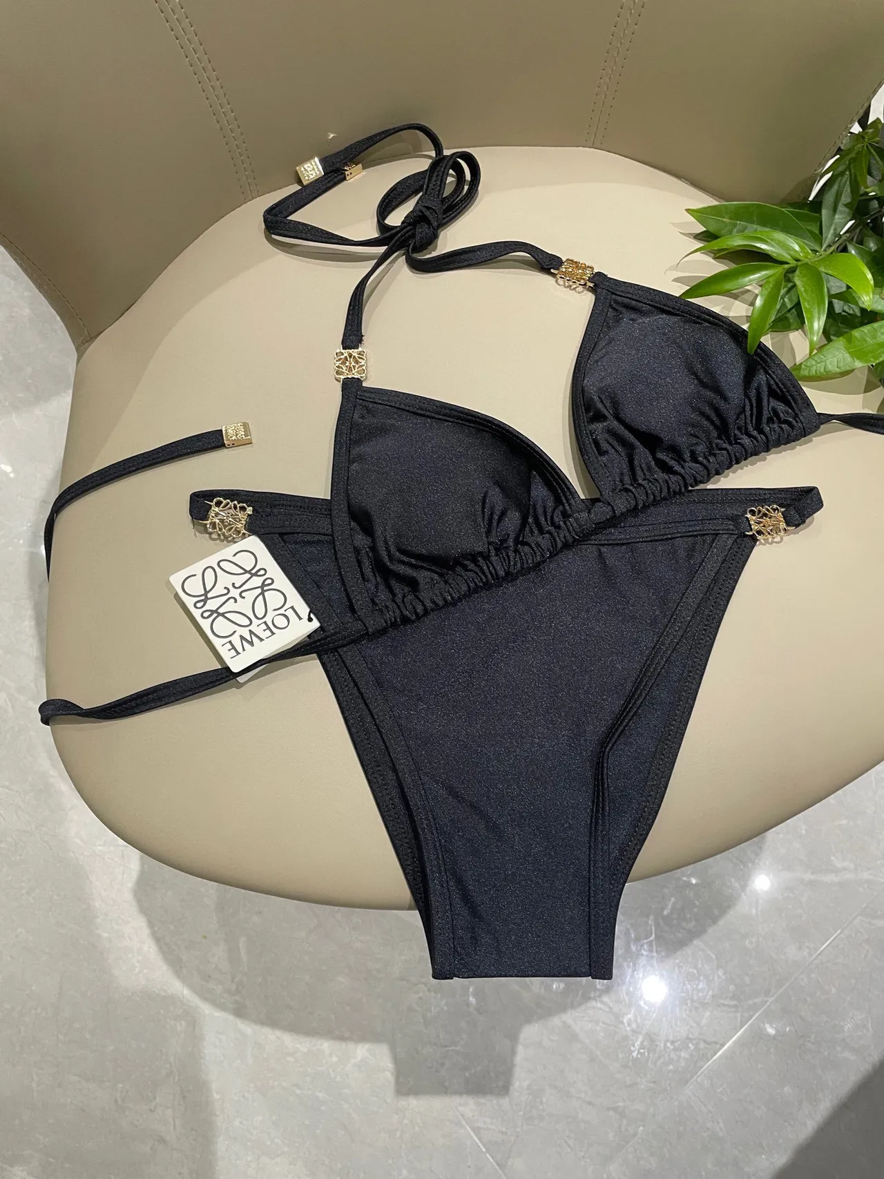 Loewe Anagram Black Gold Halter Neck Tie-Back Swimwear 11