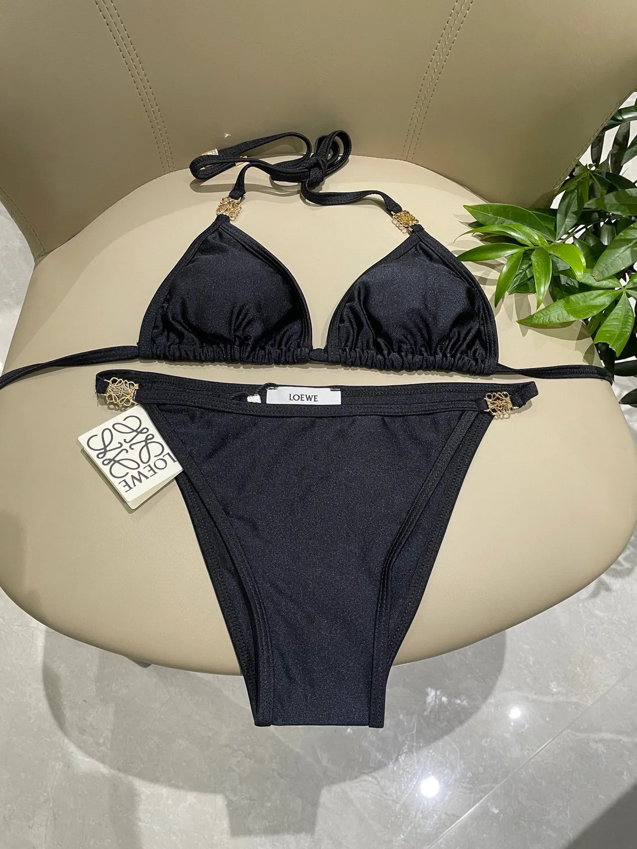 Loewe Anagram Black Gold Halter Neck Tie-Back Swimwear 12