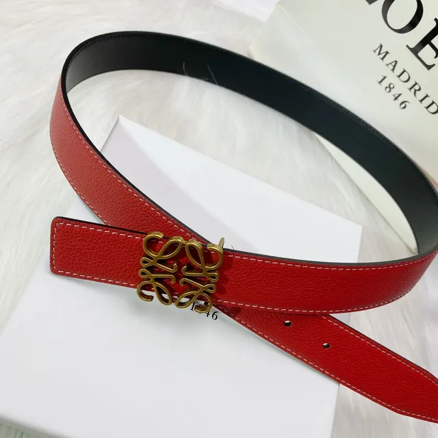 Loewe Anagram Red Black Textured Pebbled Gold-Tone Buckle Leather Belt 3