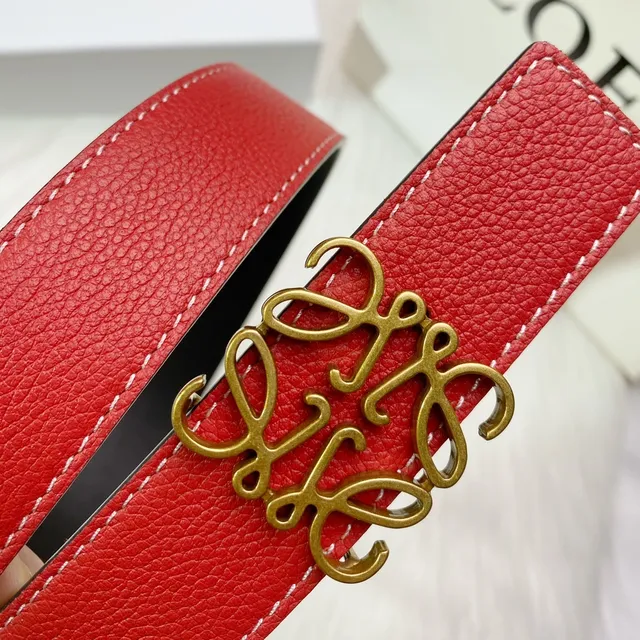 Loewe Anagram Red Black Textured Pebbled Gold-Tone Buckle Leather Belt 4