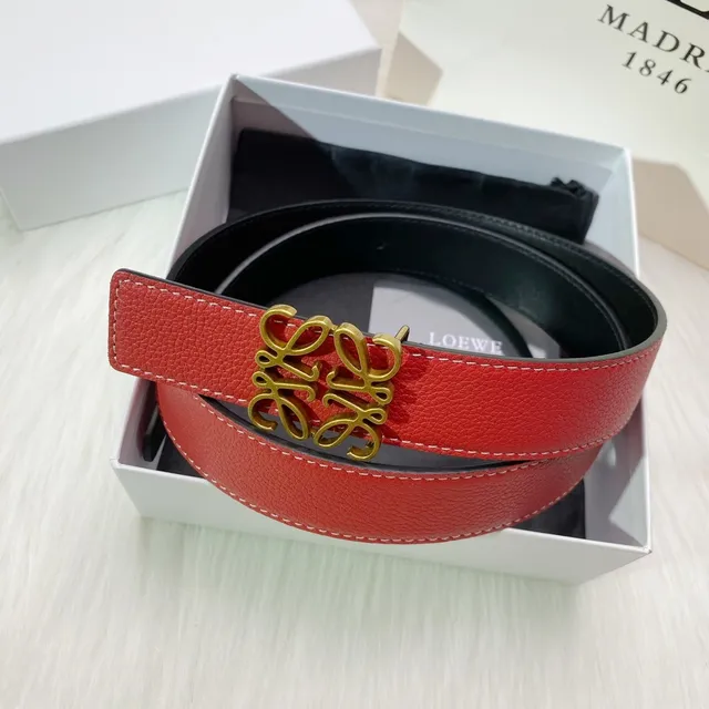Loewe Anagram Red Black Textured Pebbled Gold-Tone Buckle Leather Belt 5