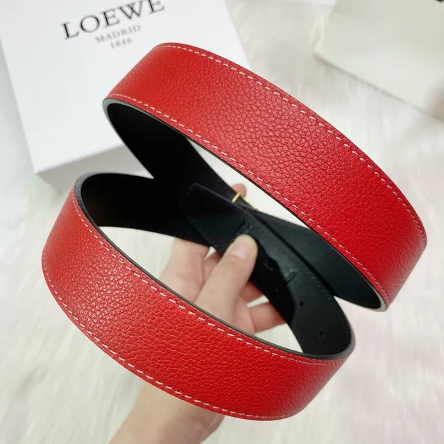 Loewe Anagram Red Black Textured Pebbled Gold-Tone Buckle Leather Belt 8