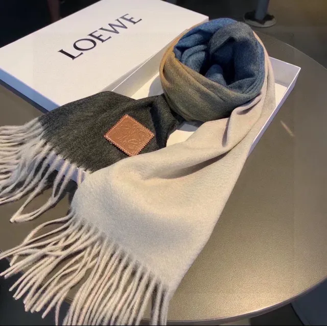 Loewe Cachecol Bege Cinza Gradiente Colorblock Bordas Franjas Cachemira 1
