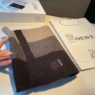 Loewe Marrón Beige Block-Color Intarsia Knit Embroidered Anagram Logo Bufanda