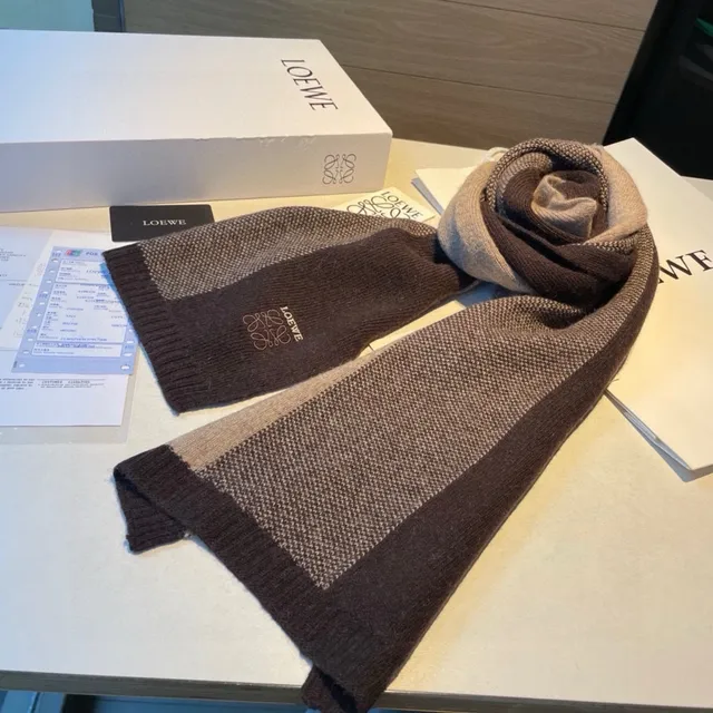 Loewe Marrom Bege Block-Color Intarsia Knit Embroidered Anagram Logo Cachecol 8