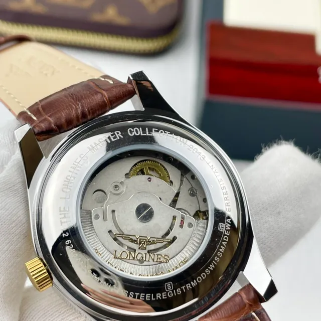 Longines Blue Brown Gold-Tone Case Guilloché Dial Mechanical Watch 3