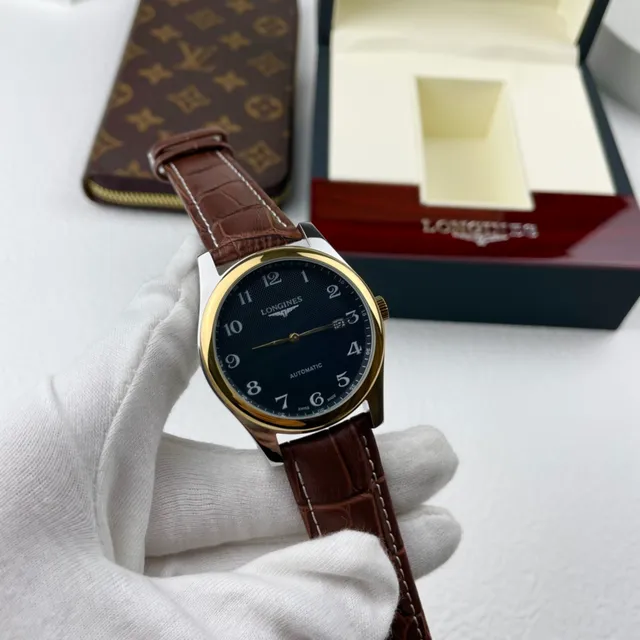 Longines Blue Brown Gold-Tone Case Guilloché Dial Mechanical Watch 4