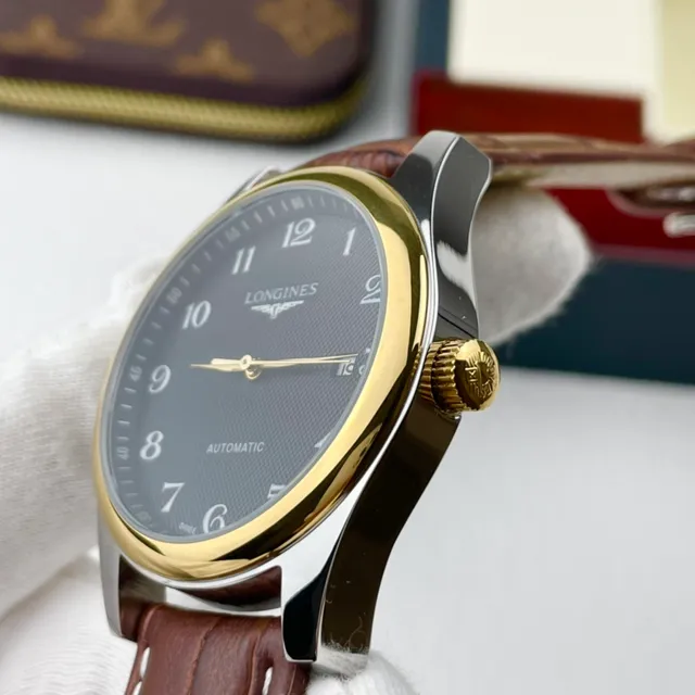 Longines Blue Brown Gold-Tone Case Guilloché Dial Mechanical Watch 5