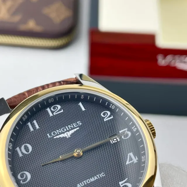 Longines Blue Brown Gold-Tone Case Guilloché Dial Mechanical Watch 6