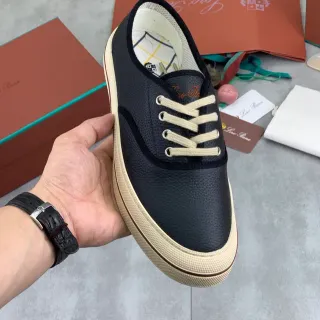 Loro Piana Black Beige Pebbled Leather Upper Cream Cupsole Casual Shoes