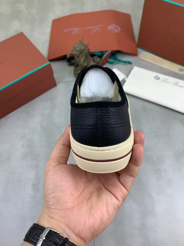 Loro Piana Chaussures casuales cuir noir et beige grainé cupsole crème 3