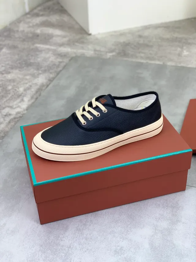 Loro Piana Chaussures casuales cuir noir et beige grainé cupsole crème 4