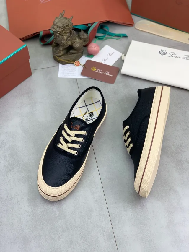 Loro Piana Chaussures casuales cuir noir et beige grainé cupsole crème 5