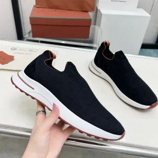 Loro Piana Black Brown Slip-On Knit Sock-Fit Collar Lifestyle Sneakers