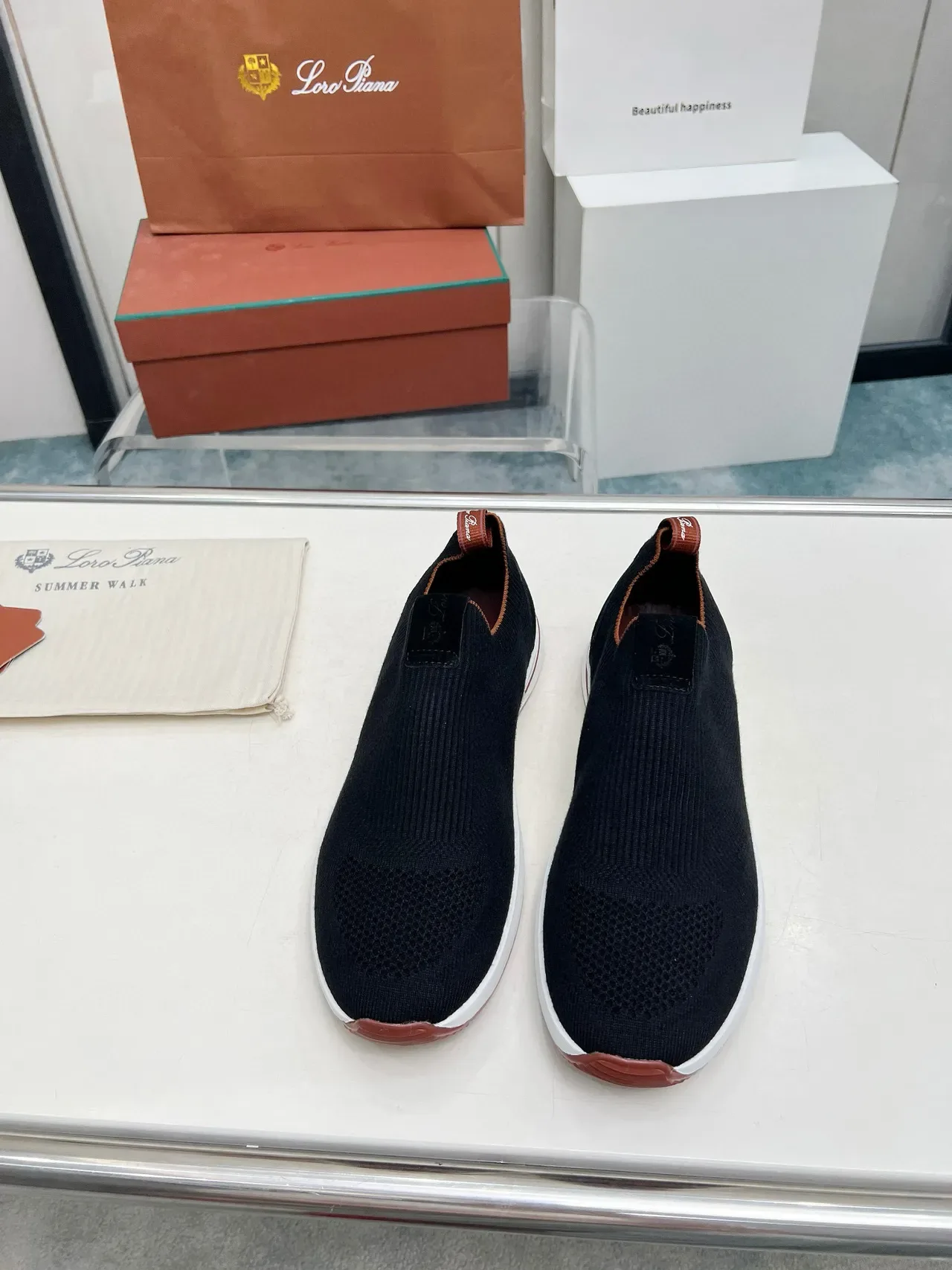 Loro Piana Preto Marrom Sapatilhas Lifestyle Slip-On em Malha com Colar de Meia Ajustável 3