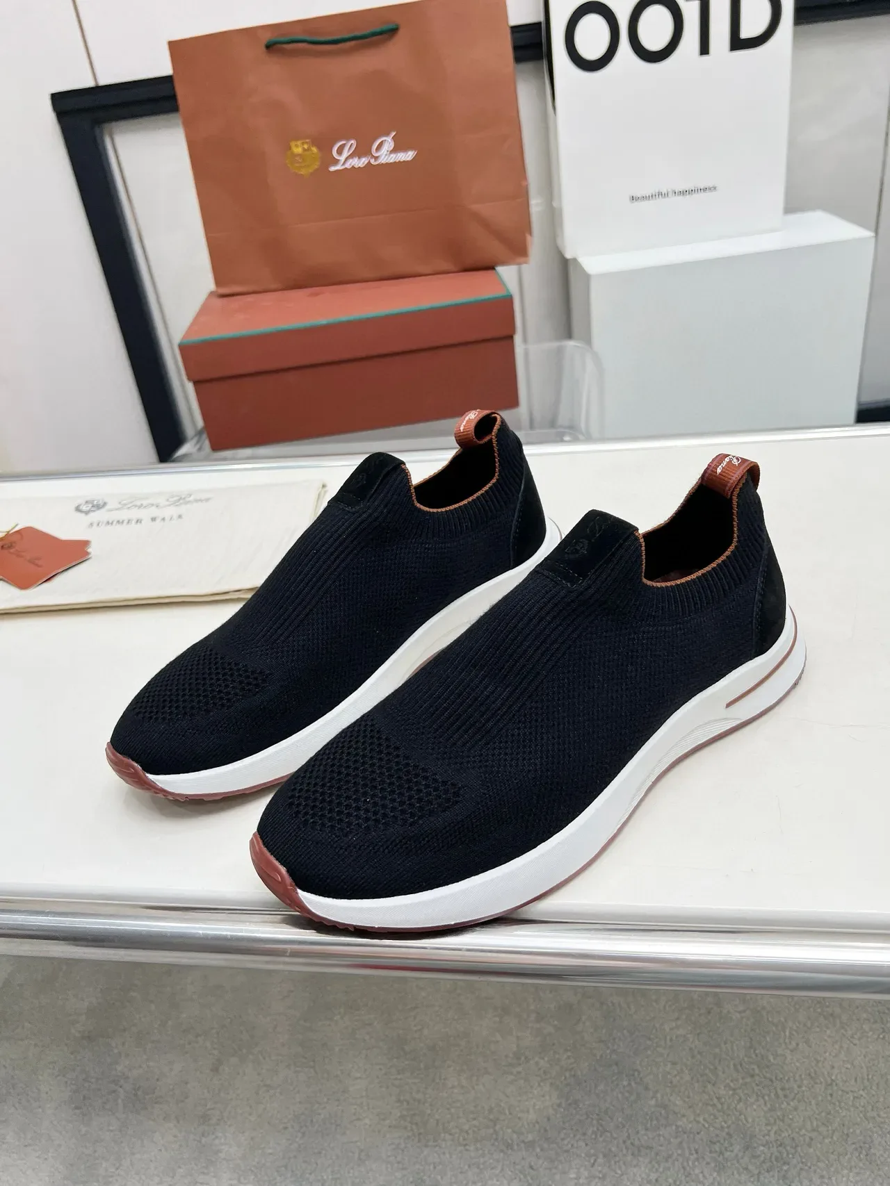 Loro Piana Preto Marrom Sapatilhas Lifestyle Slip-On em Malha com Colar de Meia Ajustável 4