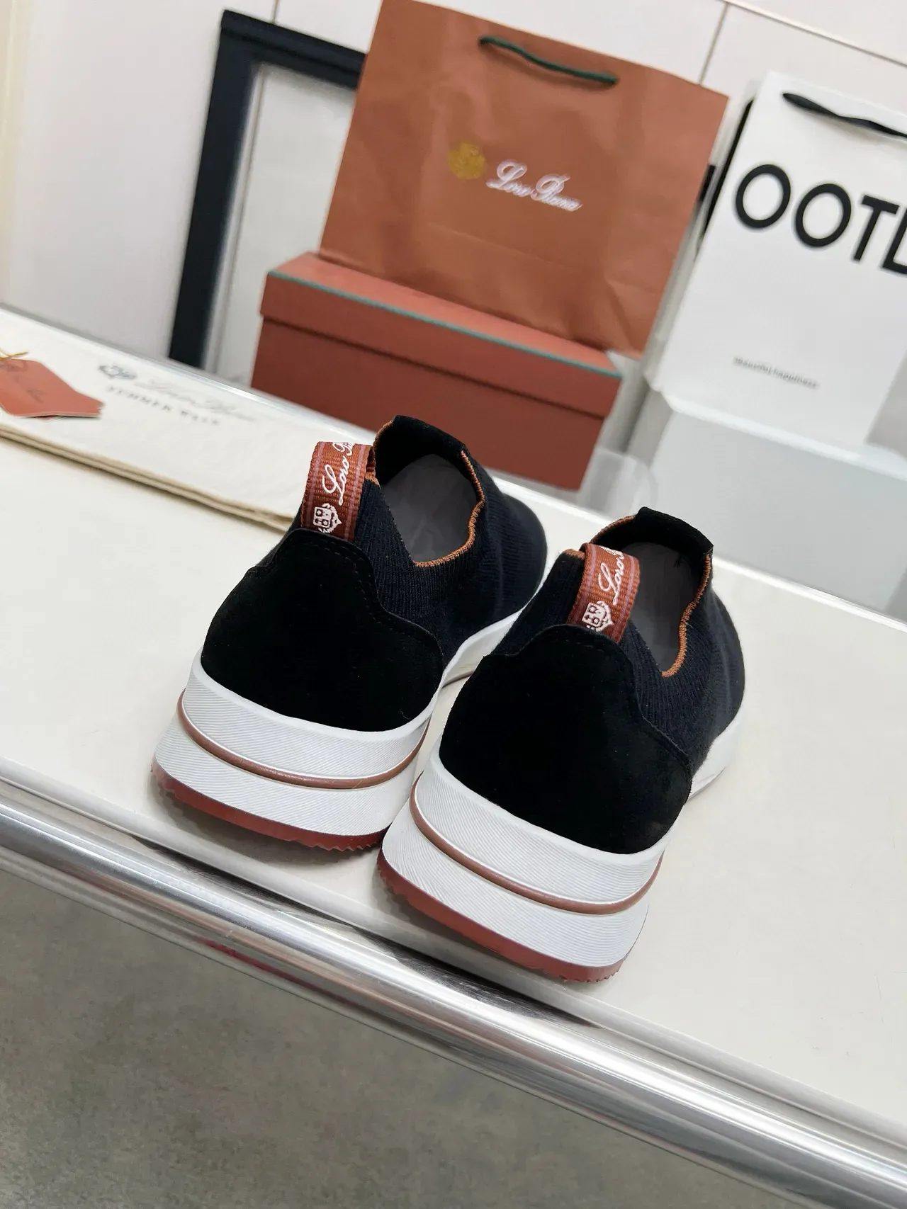 Loro Piana Preto Marrom Sapatilhas Lifestyle Slip-On em Malha com Colar de Meia Ajustável 5