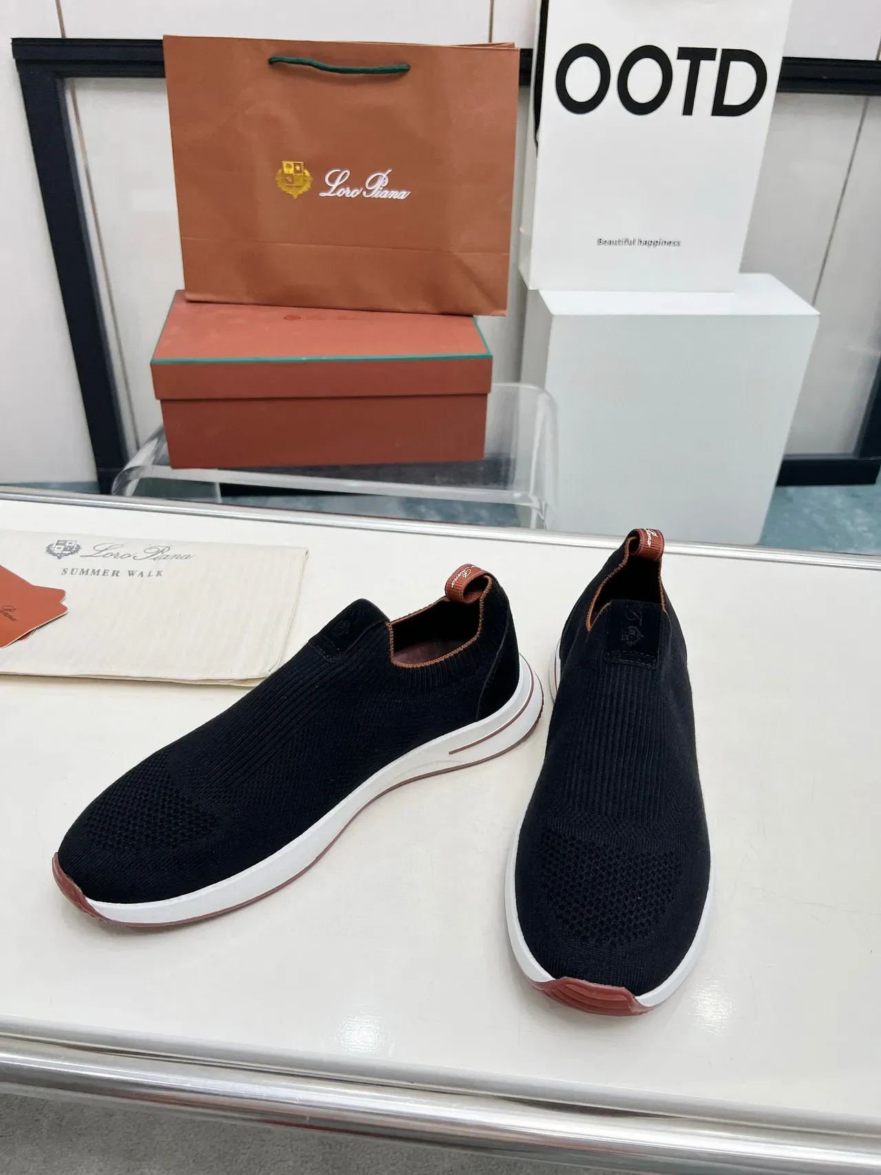Loro Piana Preto Marrom Sapatilhas Lifestyle Slip-On em Malha com Colar de Meia Ajustável 7