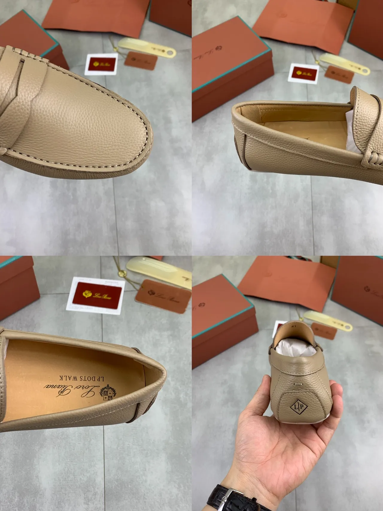 Loro Piana Penny Loafer Mocassins en cuir beige grainé 2