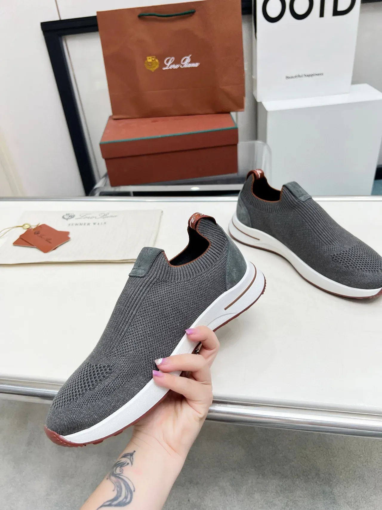 Loro Piana Summer Walk Tênis Lifestyle Slip-On em Tricô Carvão 3