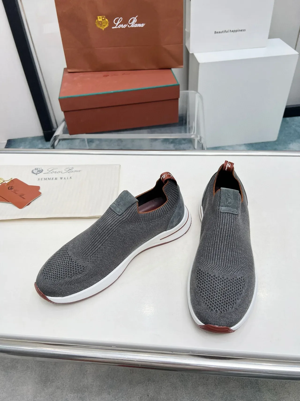 Loro Piana Summer Walk Tênis Lifestyle Slip-On em Tricô Carvão 5