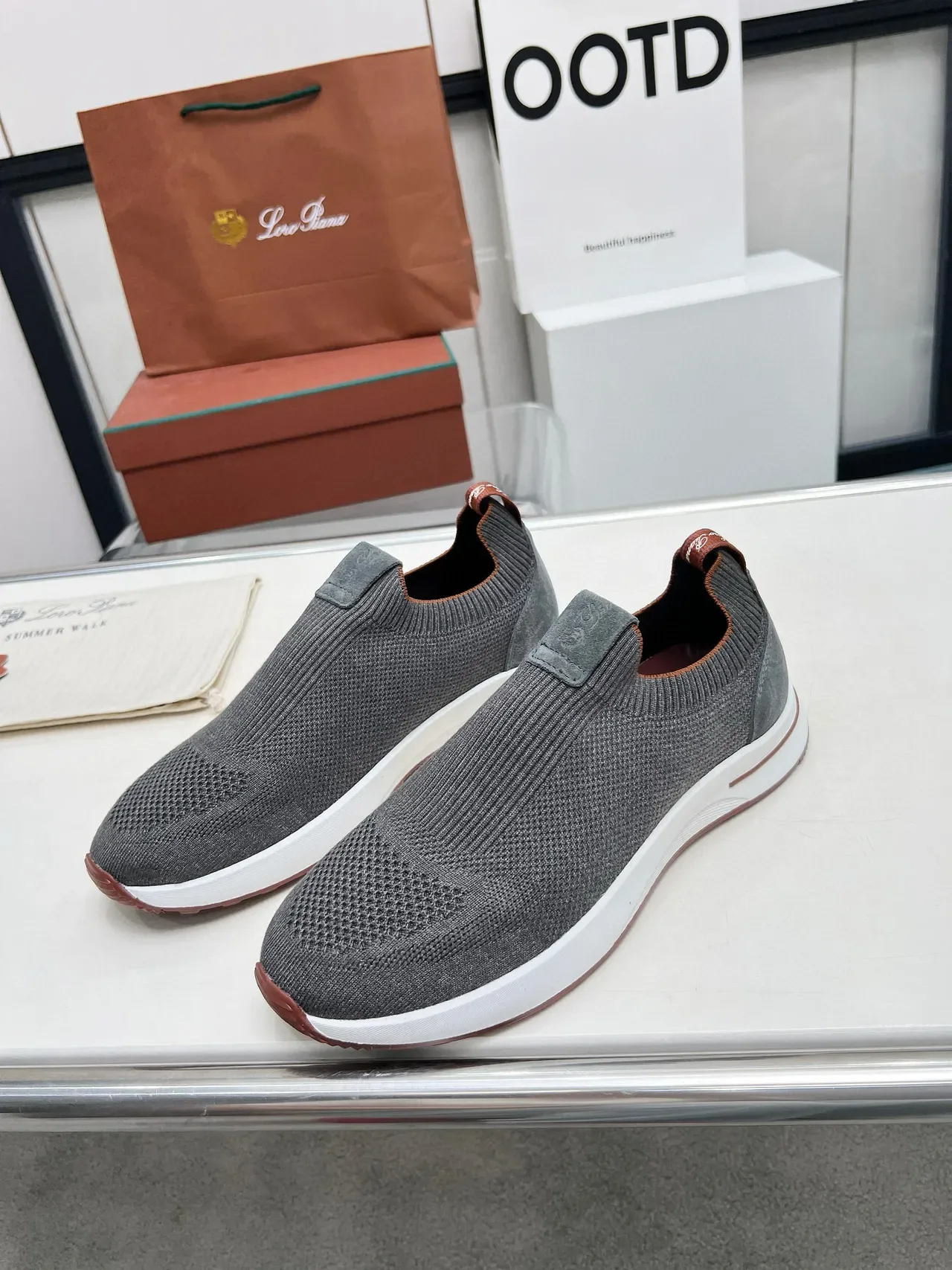 Loro Piana Summer Walk Tênis Lifestyle Slip-On em Tricô Carvão 6