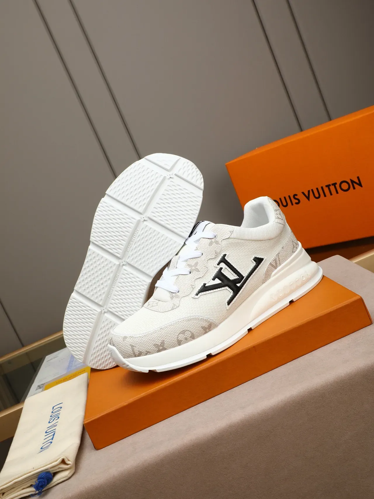 Louis Vuitton Beige Black Monogram-Appliqué Mesh Upper Lifestyle Sneakers 4