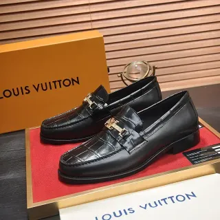 Louis Vuitton काला सोने का मगरमच्छ उभरा चमड़ा LV बकल लूफर