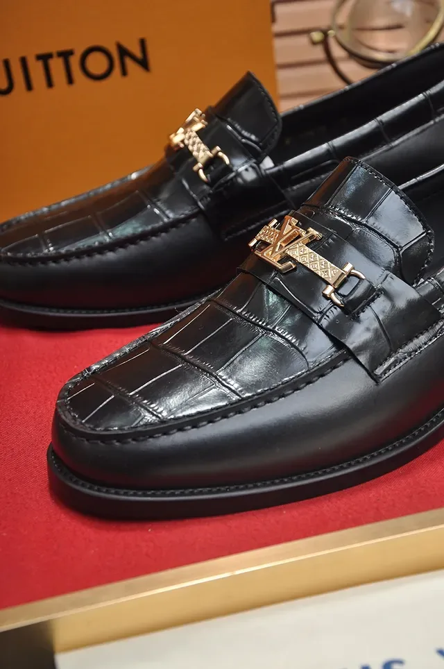 Louis Vuitton Black Gold Croc-Embossed Leather LV Buckle Loafer 2