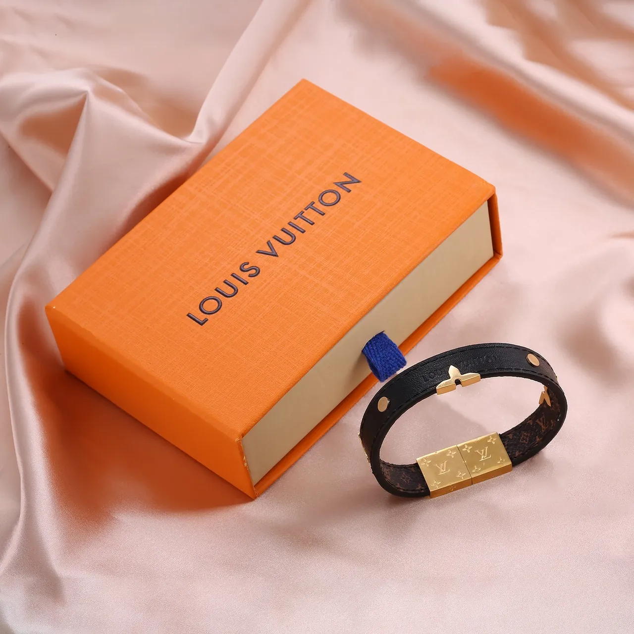 Louis Vuitton Black Gold Double-Wrap Leather Monogram-Lined Bracelet 4