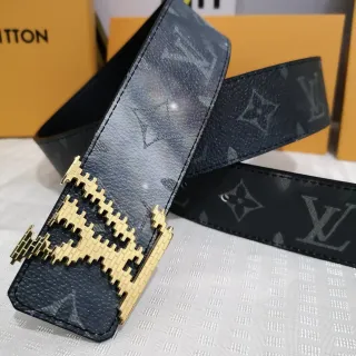 Louis Vuitton Black Gold Monogram-Coated Pixelated Buckle Leather Belt