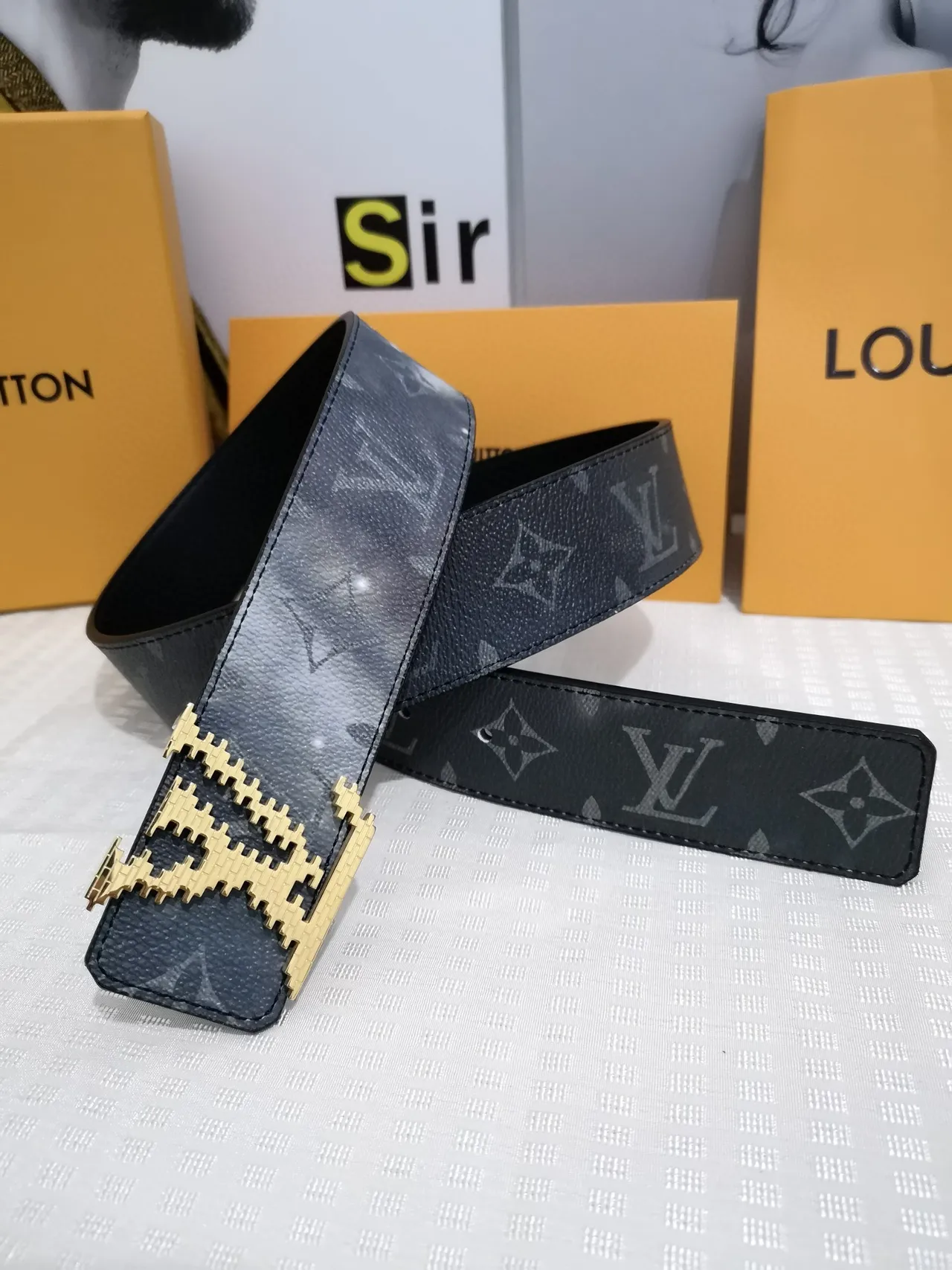 Louis Vuitton Black Gold Monogram-Coated Pixelated Buckle Leather Belt 2