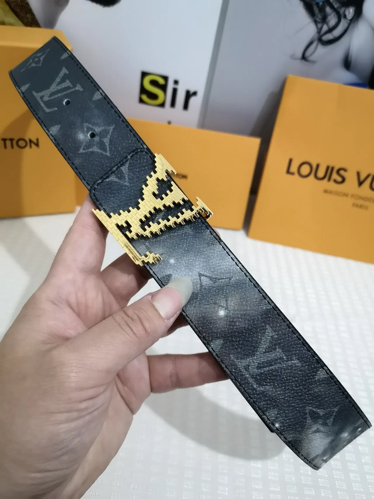 Louis Vuitton Black Gold Monogram-Coated Pixelated Buckle Leather Belt 3