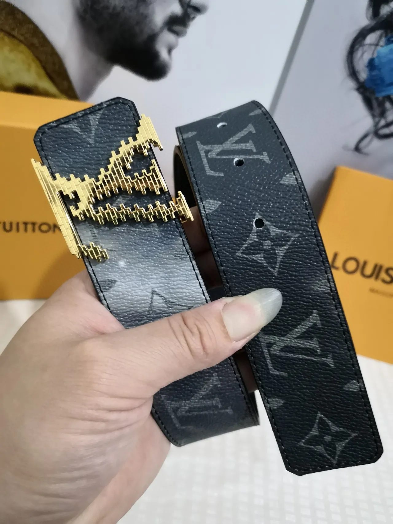 Louis Vuitton Black Gold Monogram-Coated Pixelated Buckle Leather Belt 4