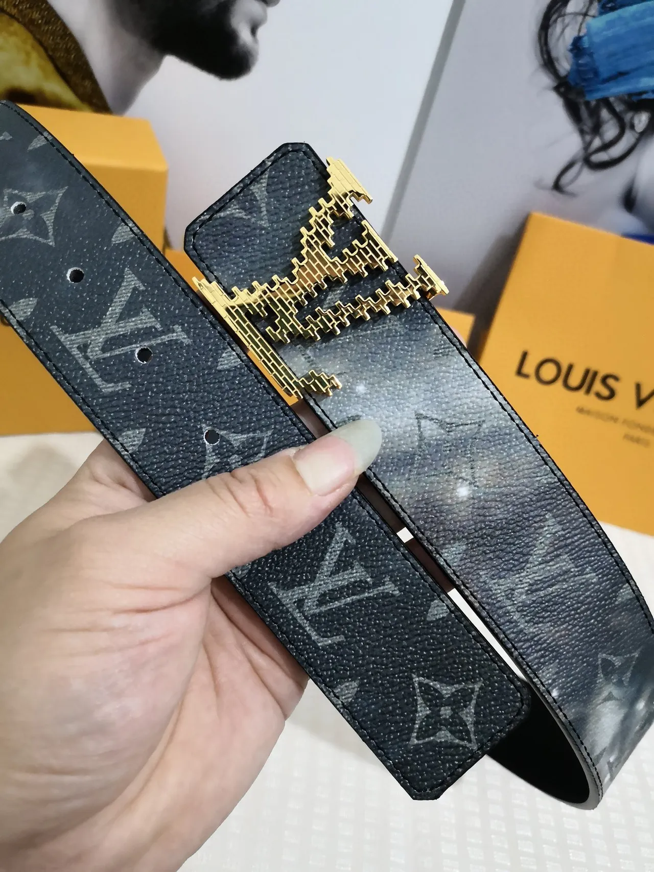 Louis Vuitton Black Gold Monogram-Coated Pixelated Buckle Leather Belt 5