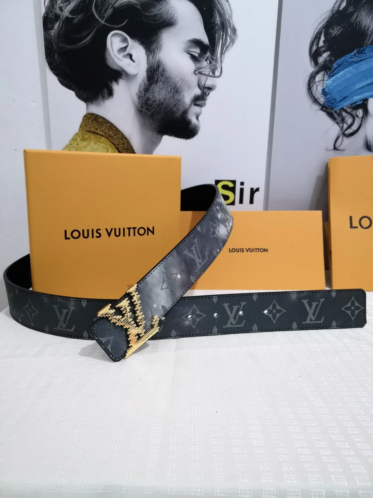 Louis Vuitton Black Gold Monogram-Coated Pixelated Buckle Leather Belt 6