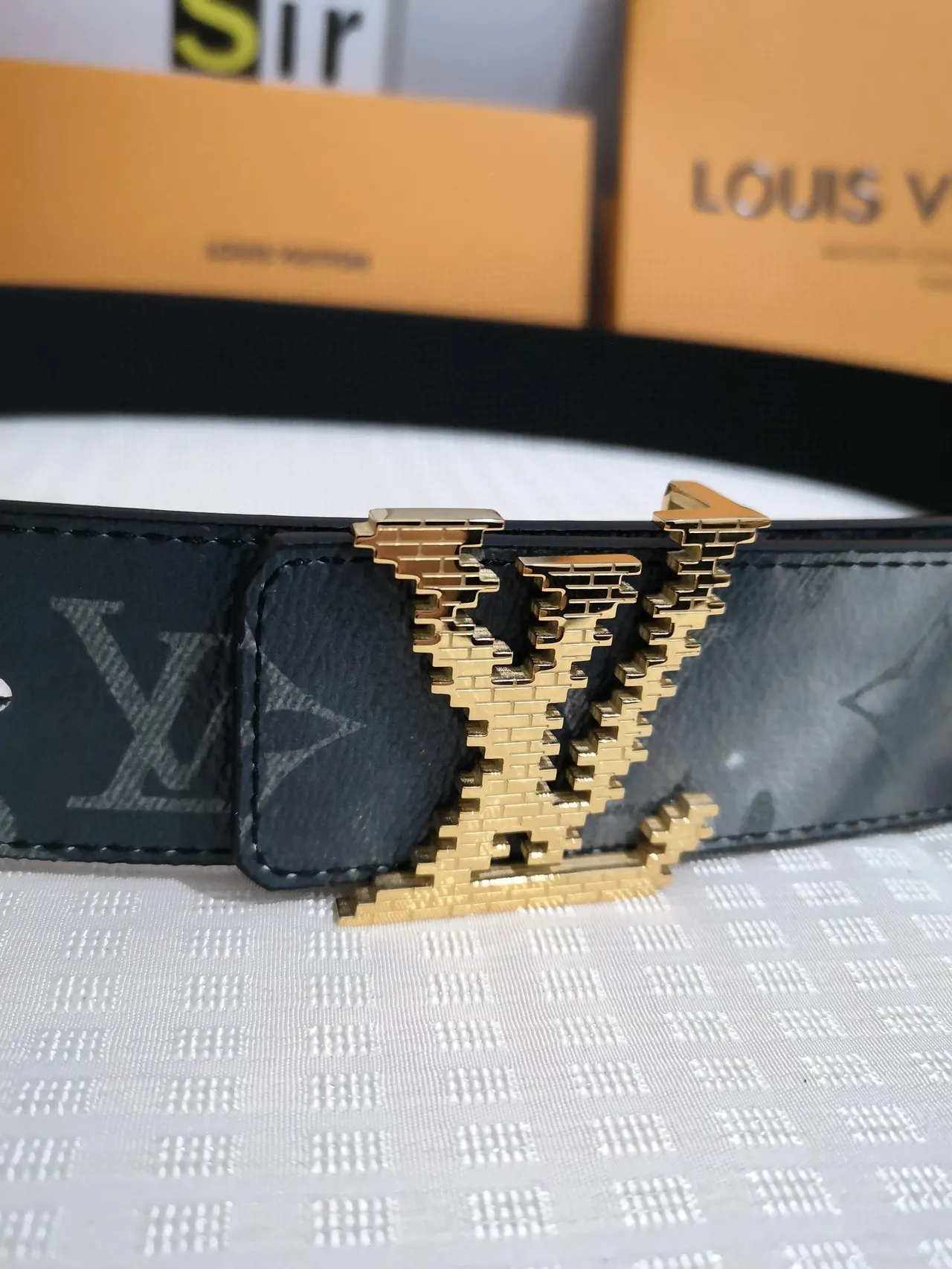 Louis Vuitton Black Gold Monogram-Coated Pixelated Buckle Leather Belt 7