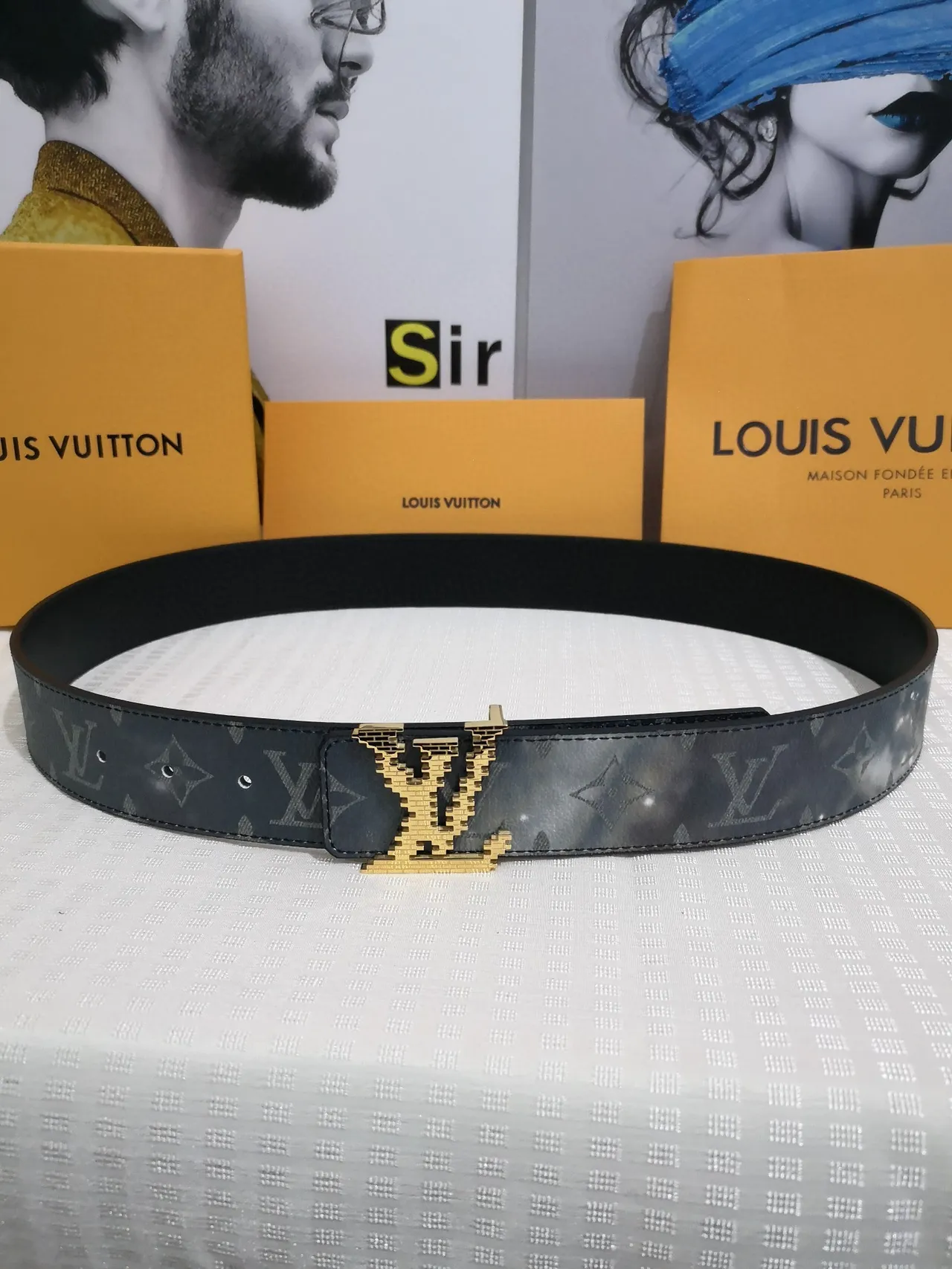 Louis Vuitton Black Gold Monogram-Coated Pixelated Buckle Leather Belt 8