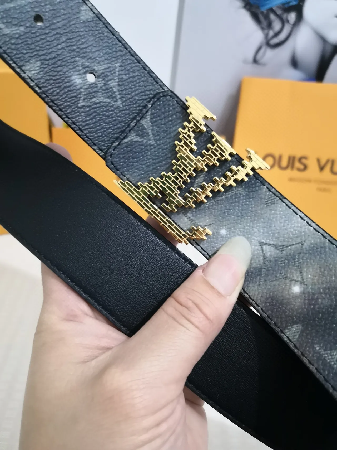 Louis Vuitton Black Gold Monogram-Coated Pixelated Buckle Leather Belt 9