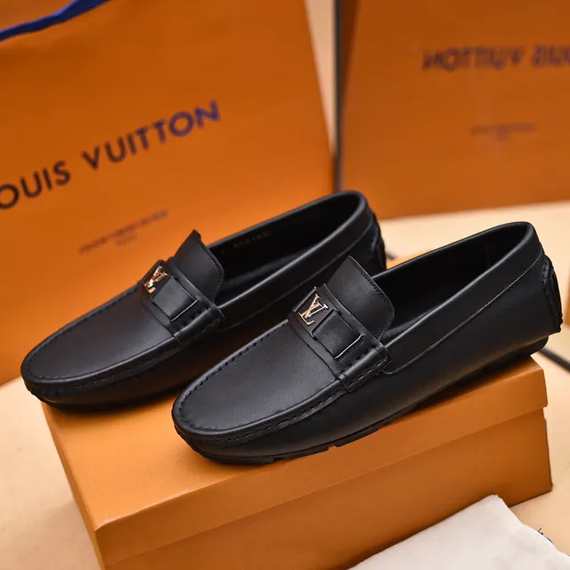 Louis Vuitton Black Leather LV Monogram Buckle Loafers 7